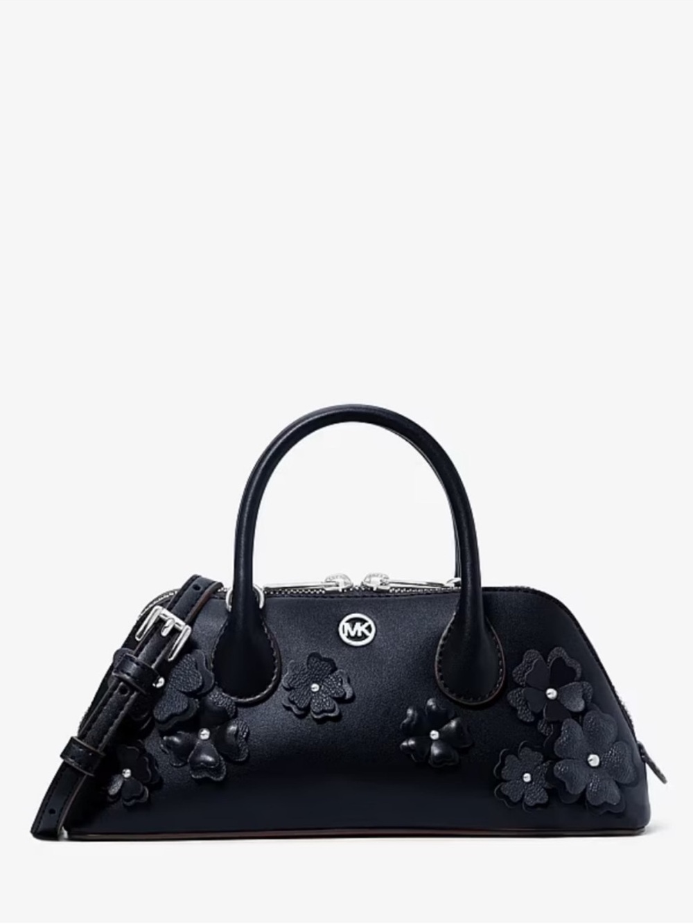 Michael Kors Black Floral Appliqué Satchel Crossbody Bag with Top Handles Navy